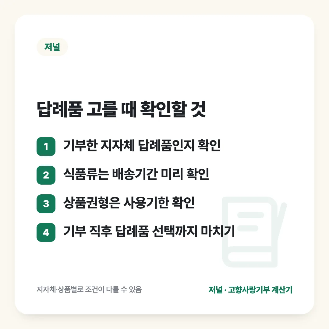 답례품 고를 때 확인할 것: 기부한 지자체 답례품인지 확인 / 식품류는 배송기간 미리 확인 / 상품권형은 사용기한 확인 / 기부 직후 답례품 선택까지 마치기