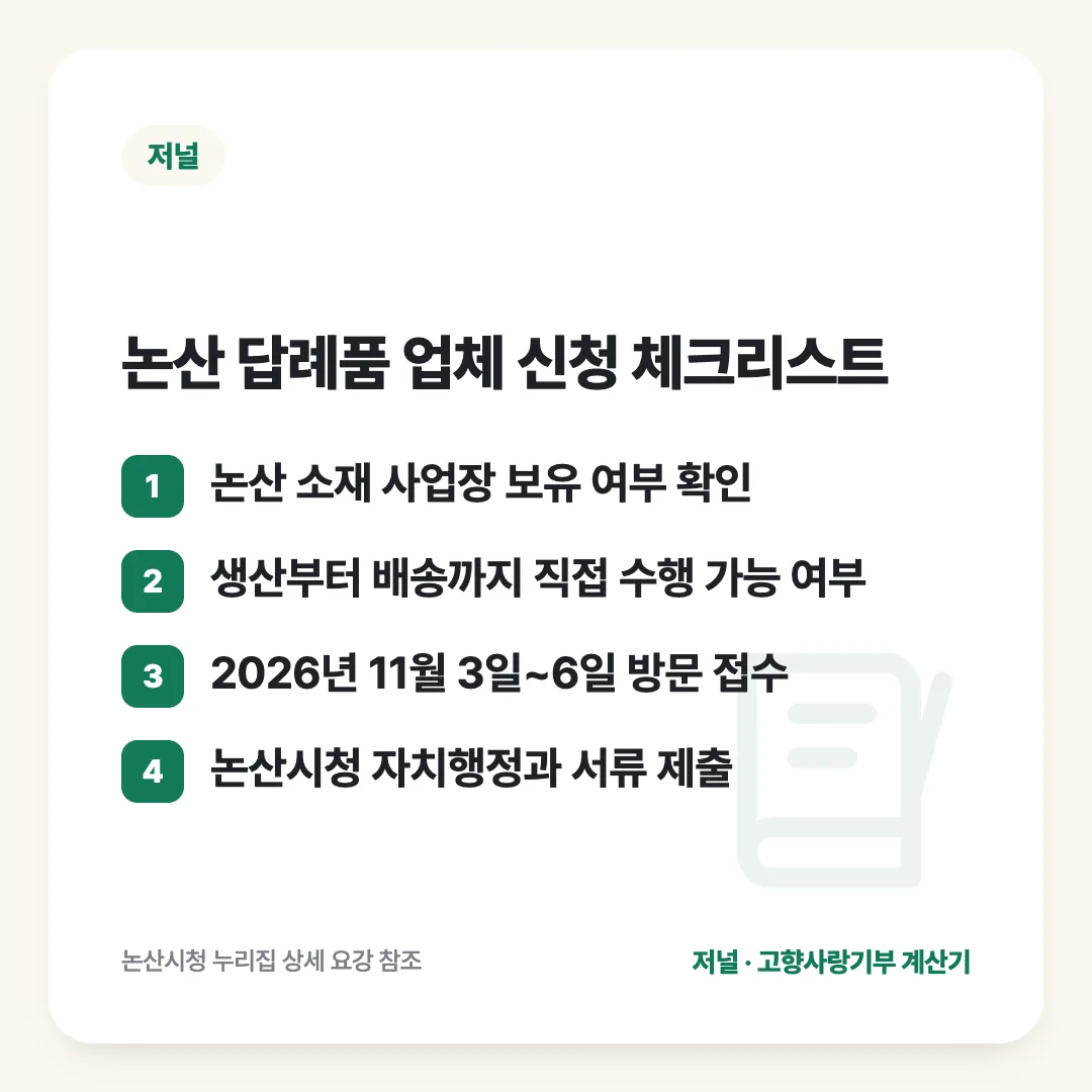논산 답례품 업체 신청 체크리스트: 논산 소재 사업장 보유 여부 확인 / 생산부터 배송까지 직접 수행 가능 여부 / 2026년 11월 3일~6일 방문 접수 / 논산시청 자치행정과 서류 제출